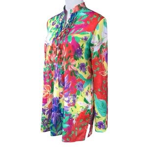 Lauren Ralph Lauren Floral Pin Tuck Cotton Tunic Blouse Size SP